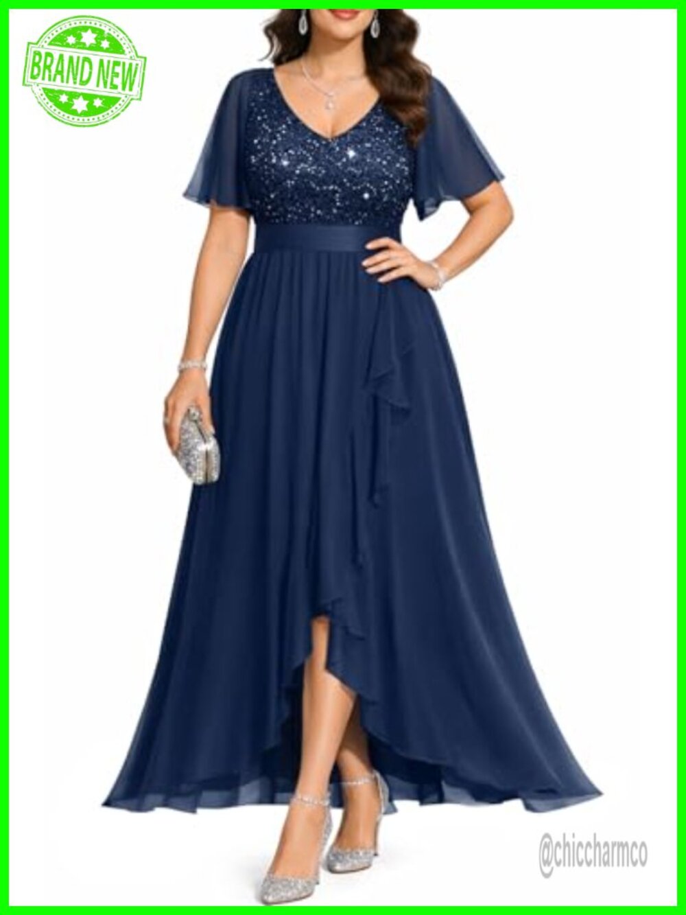 Plus Size Sequin Lace Formal Dress High Low V-Neck Short Sleeve
